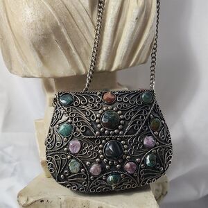 Vintage Statement Sajai Metal Purse With Natural Agate Stones & Chain Strap